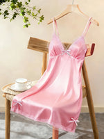 Women Satin Nightdress Lace Trim Slip Dress Spaghetti Strap Silky Nightgown Elegant Sleepwear Home Lingerie