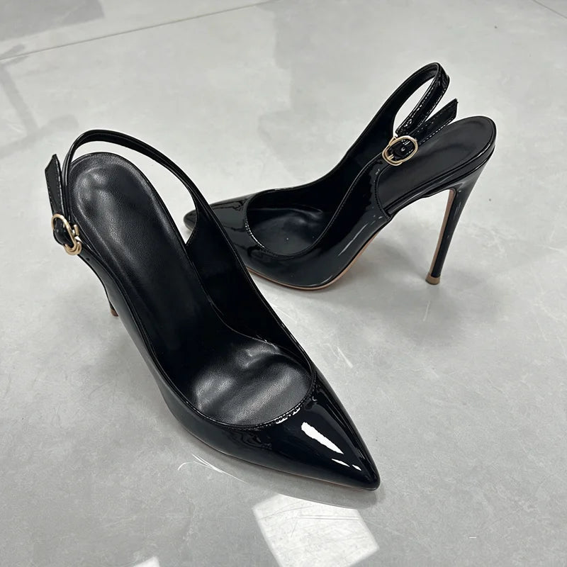 Women White Patent Leather Slingback Pumps Pointed Toe Thin Stiletto High Heels Buckle Strap Dress Shoes for Wedding Party Offic