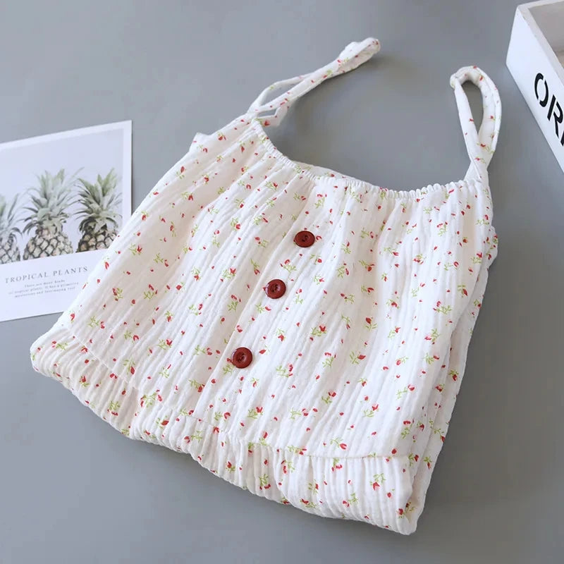 Women's 100% Cotton Crepe Gauze Nightgown Floral Sleeveless Spaghetti Strap Knee-Length Summer Home Sleep Dress M-XL