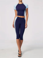 Color Blocking 2PCS Yoga Set Women's Tracksuit Short Sleeve O Neck Sports T Shirts High Waist Cropped Pants Tight Fitness Suits