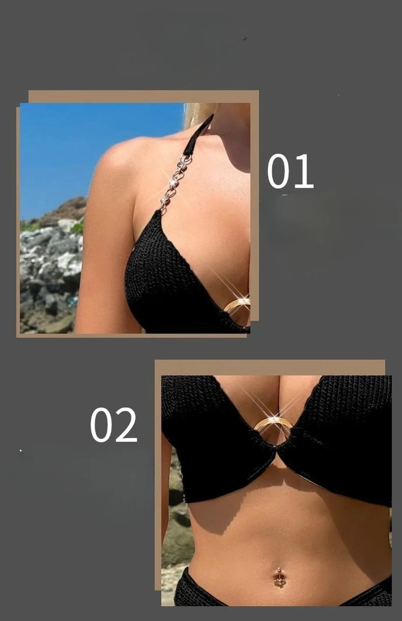 New Sexy Black Bikini Set Women Metal Ring Push Up Bra High Waist Swimsuit Summer Bathing Suit Vacation Two Piece Swimwear