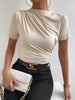Women Short Sleeve Pleated T-shirt Summer Casual Slim Fit Mock Neck Ruched Tee Top Streetwear