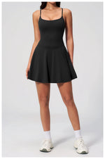 Women Tennis Dress with Shorts Pocket Square Neck Hollow Back Sleeveless One Piece Sports Outfit Fitness Pleate Mini Dresses