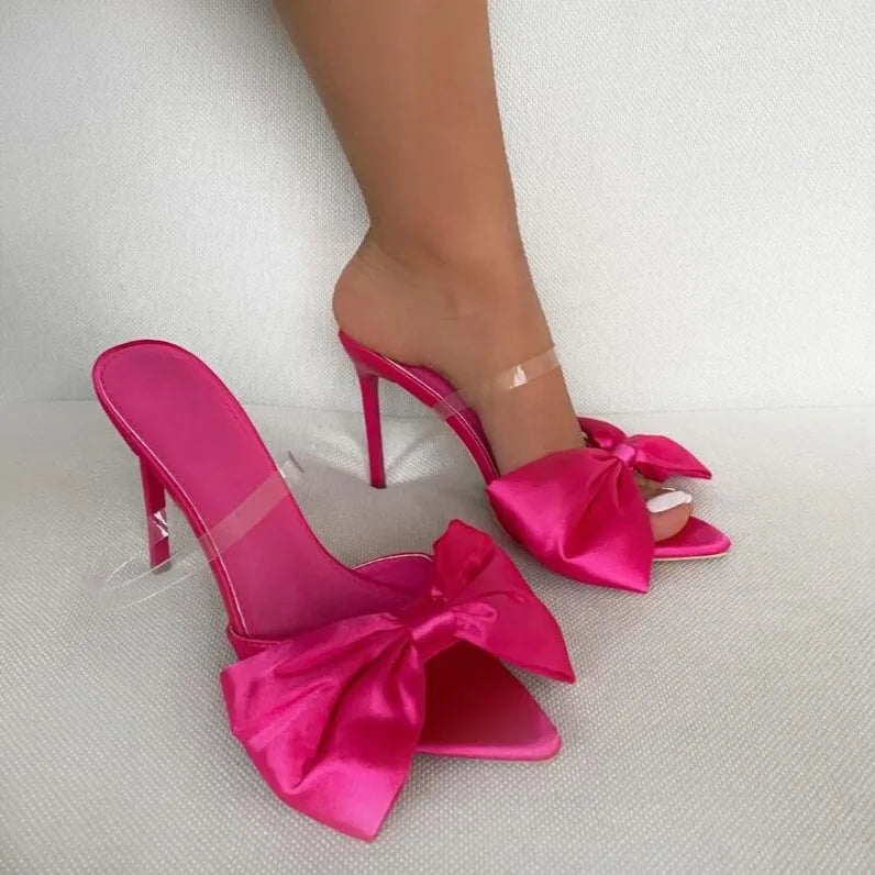 2025 Silk Butterfly Knot Women PVC Slippers Mule 11cm High Heels Slippers Luxury Sandals Pointed Toe Strappy Slides Party Shoes