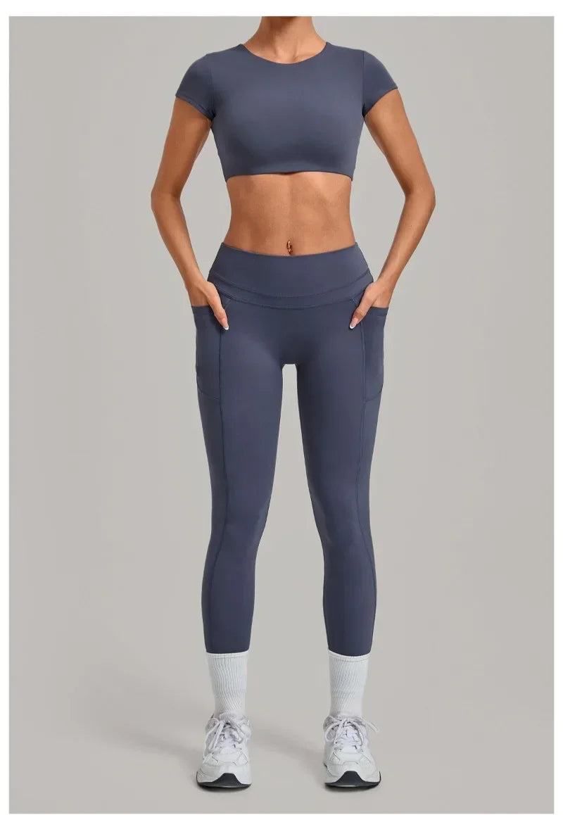 Women's Seamless Yoga Sets Sports Running High Waist Hip-lifting Pants Backless Short-sleeve Suits Workout Fitness Leggings Sets