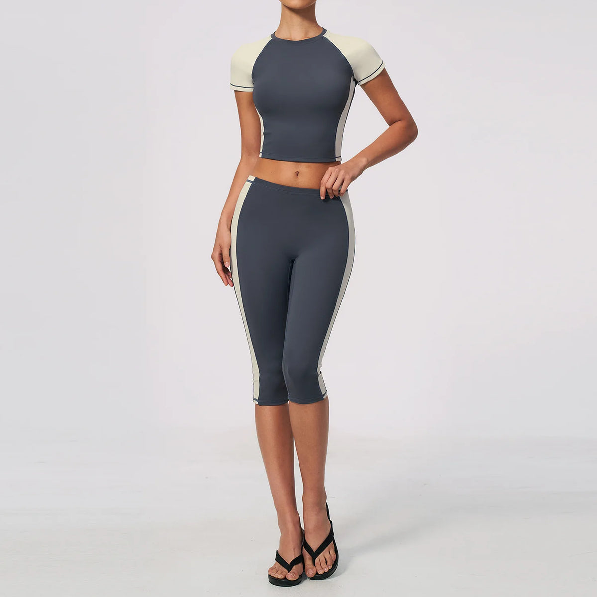 Color Blocking 2PCS Yoga Set Women's Tracksuit Short Sleeve O Neck Sports T Shirts High Waist Cropped Pants Tight Fitness Suits