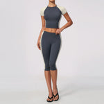 Color Blocking 2PCS Yoga Set Women's Tracksuit Short Sleeve O Neck Sports T Shirts High Waist Cropped Pants Tight Fitness Suits