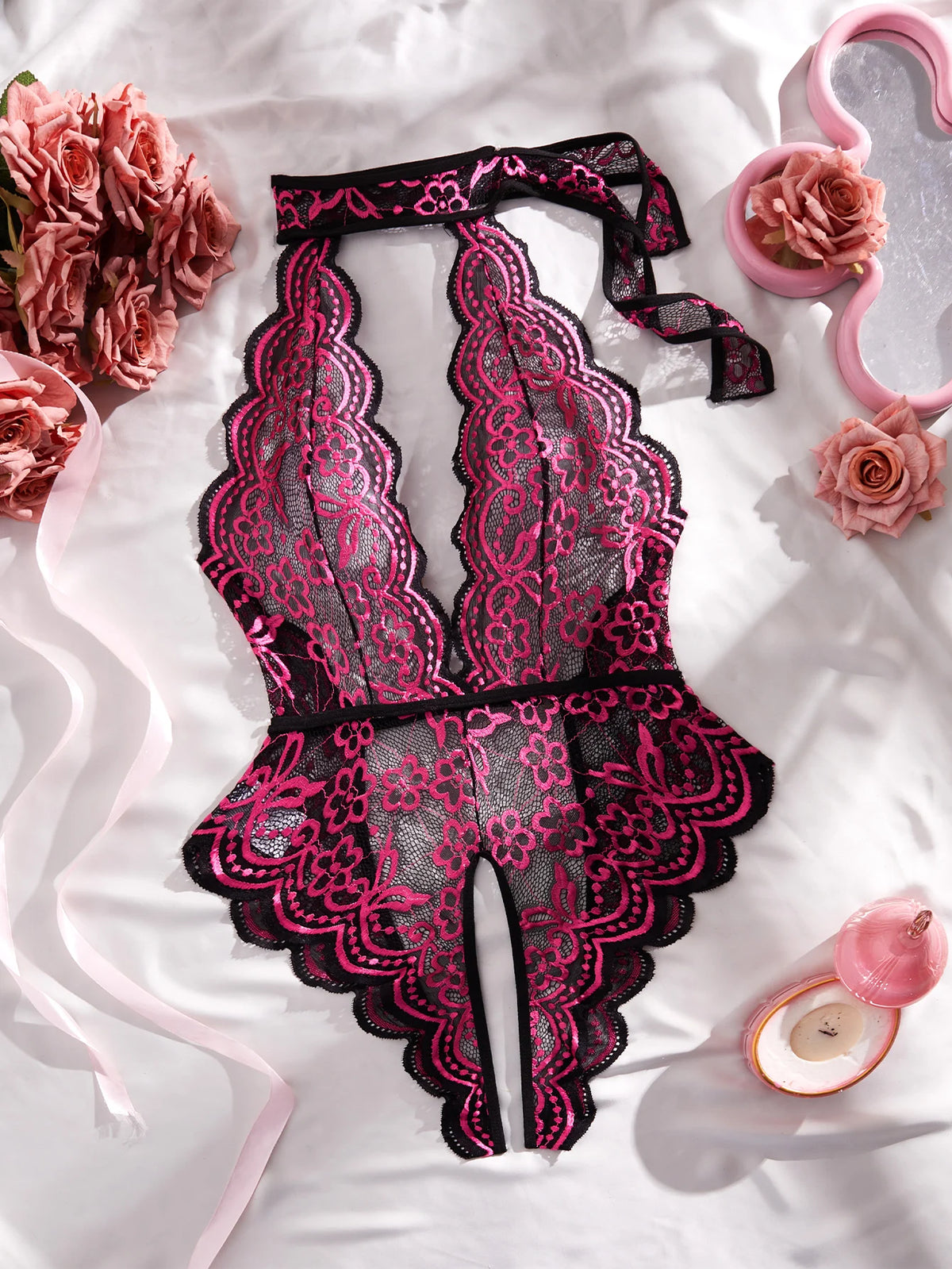 S-4XL Sexy Crotchless Halter Lingerie Women Lace Hollow Transparent Curvy Erotic Bodysuit Deep V Open Bra Underwear Set Babydoll
