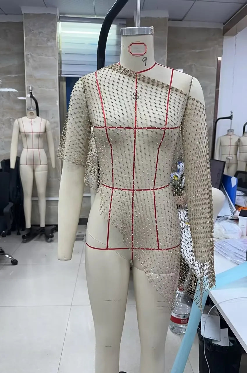 Women's Rhinestone Fishnet Mesh Top Sheer Sparkly One Shoulder Cover Up Crop Top Party Clubwear Festival Night Out Top
