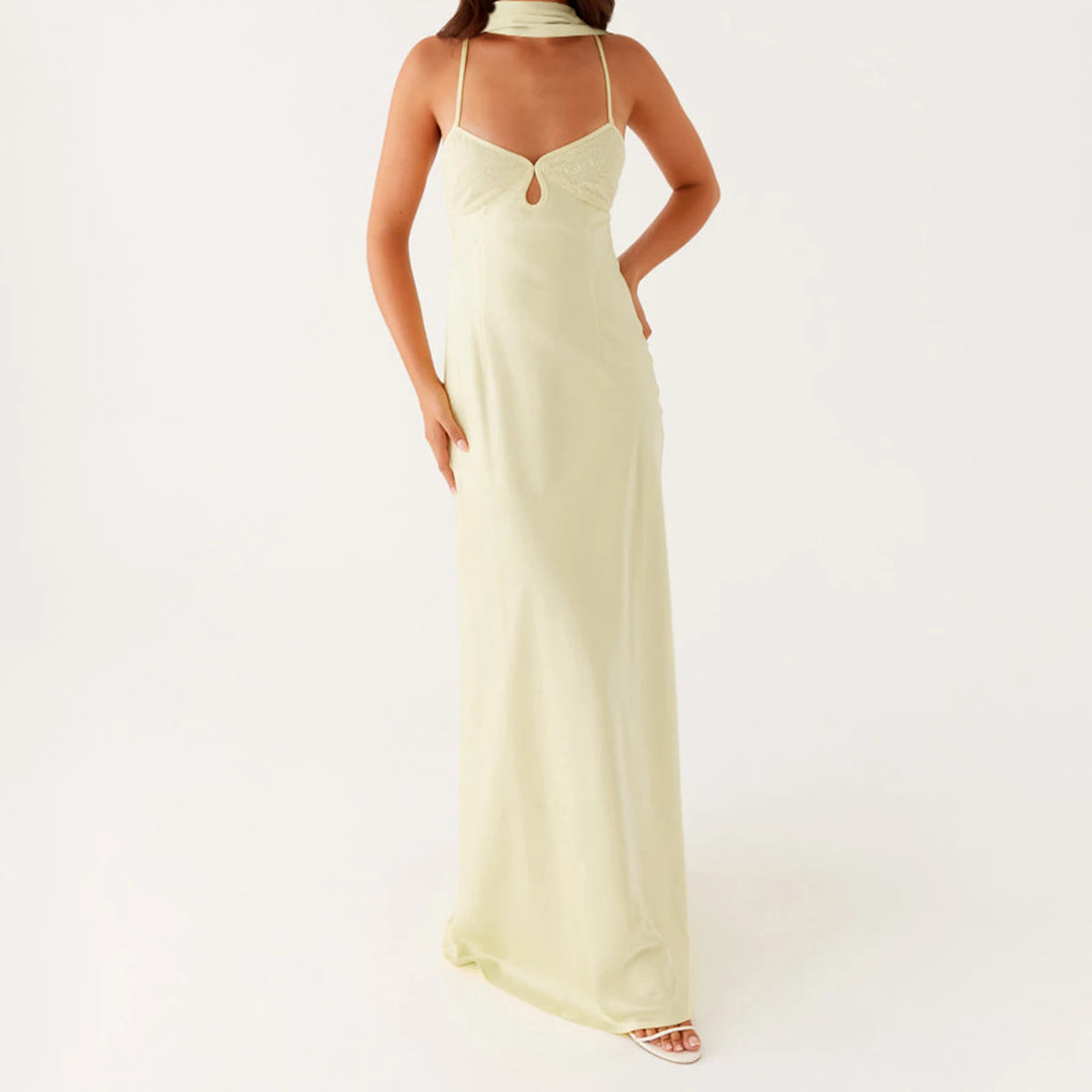 Women Solid Color Sexy Back Bandage Party Club Cami Dress Summer Fashion Sleeveless Spaghetti Strap Long Dresses With Scarf