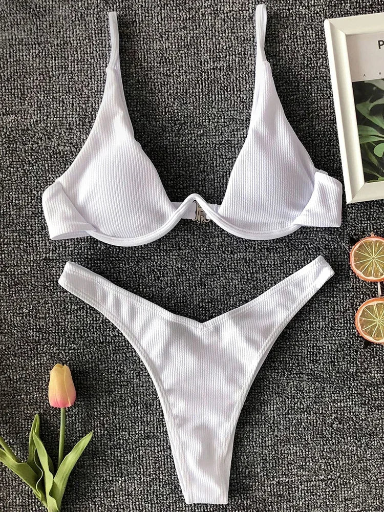 High Cut V-bar Underwired Bikini Women Swimsuit Female Micro Thong Swimwear Two-pieces Bikini Set Push Up Bathing Suit Swim Lady