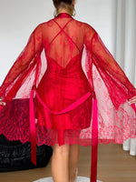 Women 2Pcs Red Satin Sleepwear Set Lace Robe with Piled-Up Collar Backless Slip Dress Sexy Nightwear for Home or Dating