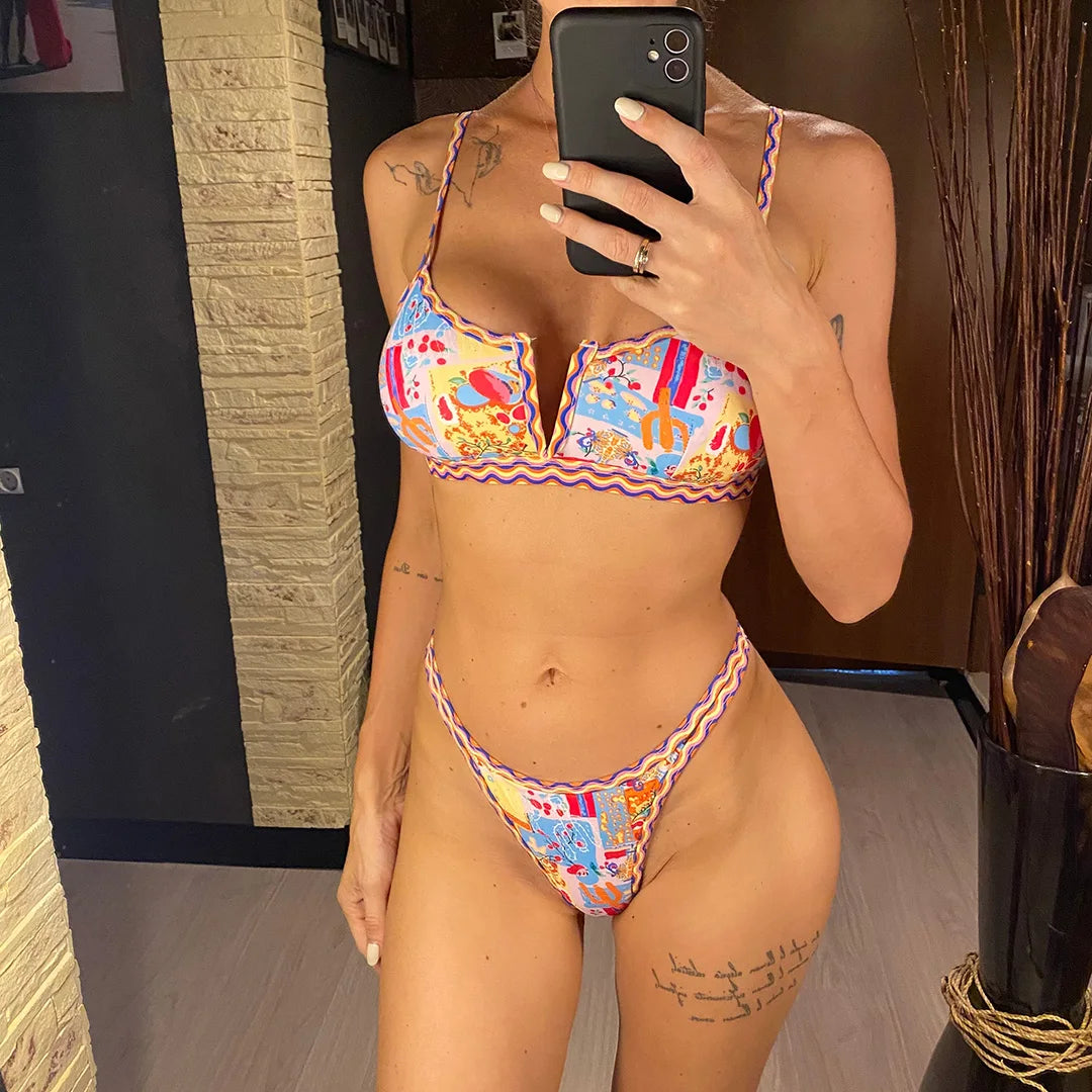Sexy Printed V Shaped High Leg Cut Bikini Women Swimwear Female Swimsuit Two-Pieces Bikini Set Bather Bathing Suit Swim V4745