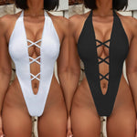 Sexy Hollow Out Cross One Piece Swimsuit 2026 Women White Black Deep V Neck Backless Thong Bikini Beach Bathing Suit Swimwear