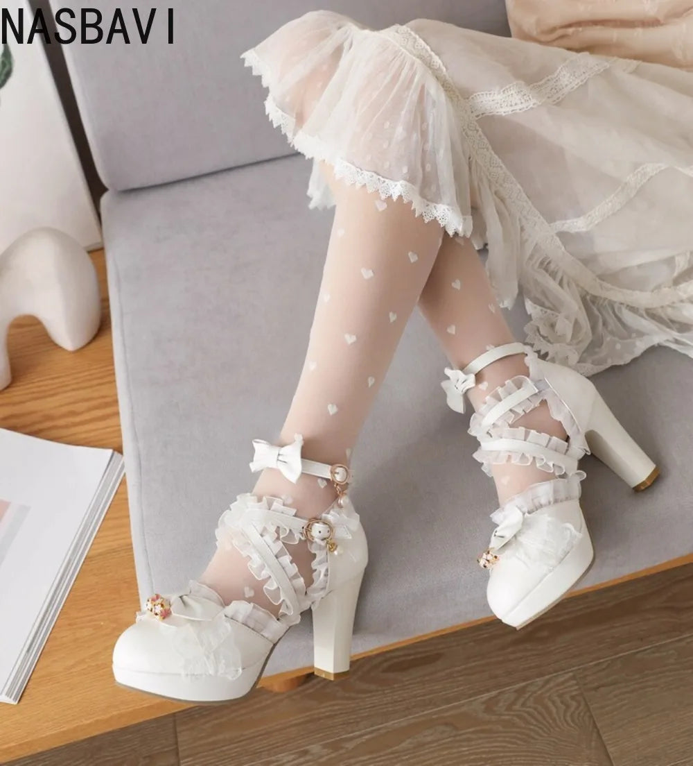 Girls Lace Strap Women 9cm High Heels Mary Jane Pumps Party Wedding Dress Princess Lolita Shoes Blue White Ankle Sandals 33-46