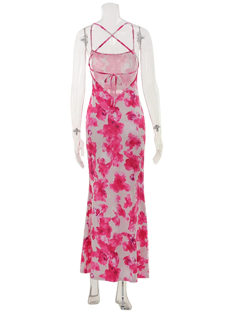 Ahagaga Fashion Women's Maxi Dresses 2026 Summer New Sexy Backless Print Dress Strap Sleeveless Party Beach Bodycon Elegant Cute
