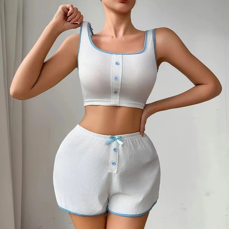 New Women's Summer Sleepwear Home Vest Bow Sweet and Simple Casual Home Wear Camisole Top Shorts Sleepwear Two-Piece Set Y2K