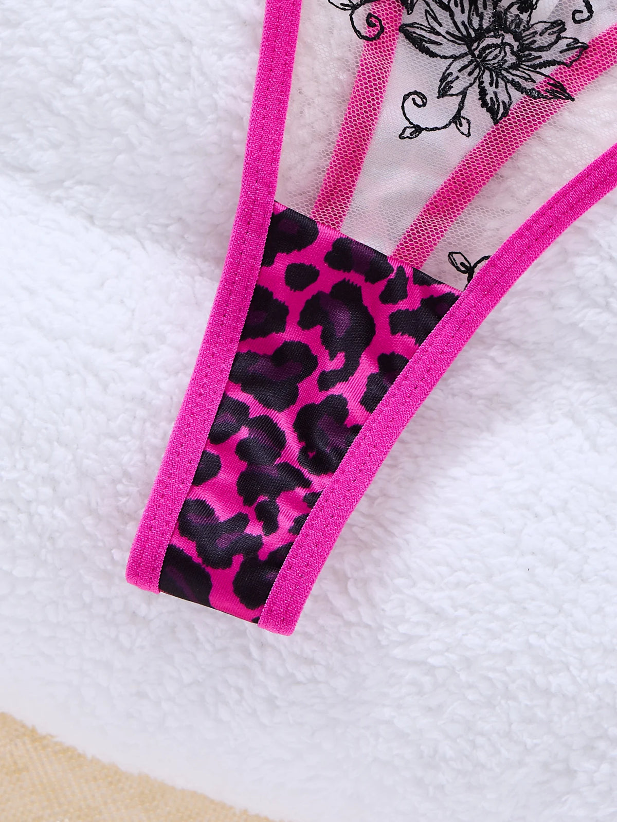 Magenta leopard print patchwork lace lingerie set-Sexy see-through chiffon demi-cup shaping bra thong set for two piece ZA825120