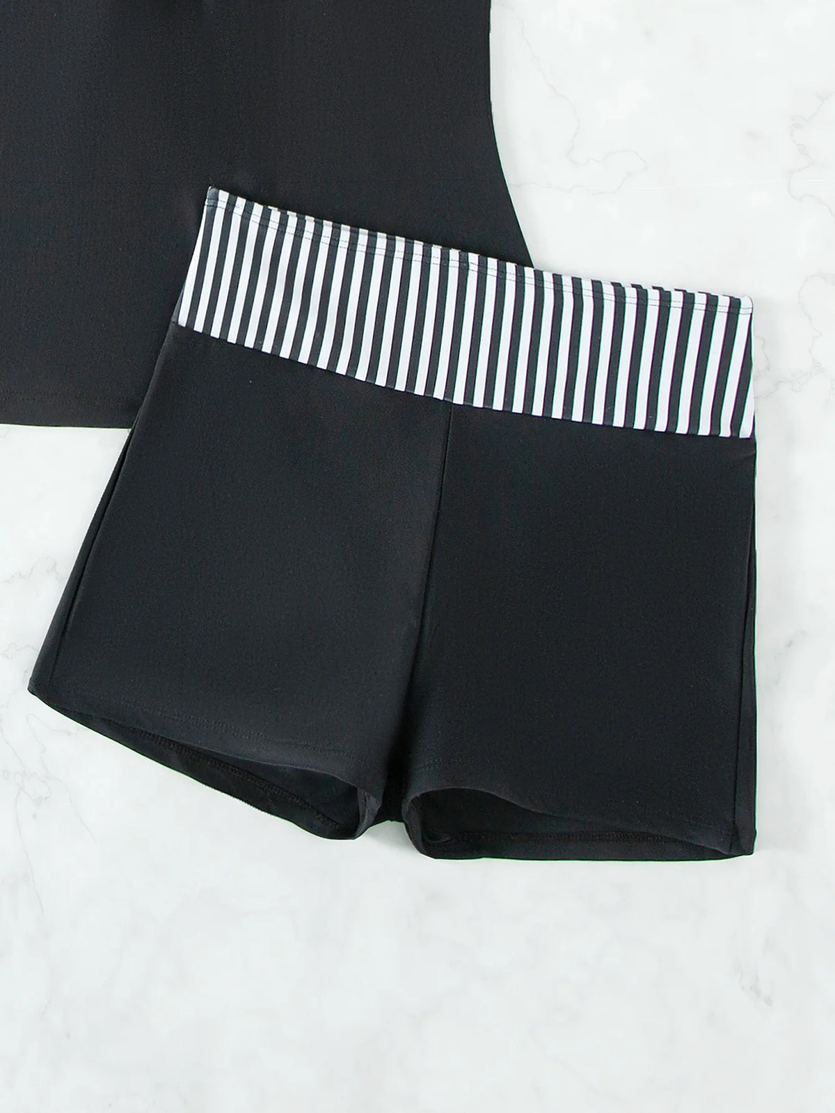 Women's Conservative 2 Piece Swimsuit Black Stripe Print Patchwork Tankini Bikini Set Suspender Cross Backless Bathing Suit 2025