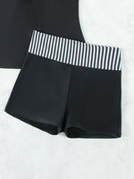 Women's Conservative 2 Piece Swimsuit Black Stripe Print Patchwork Tankini Bikini Set Suspender Cross Backless Bathing Suit 2025