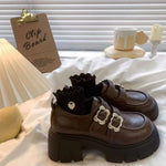 Women's Double Buckle Platform Mary Jane Shoes, Chunky Block Heel Height Increase Retro Preppy Casual School Shoes