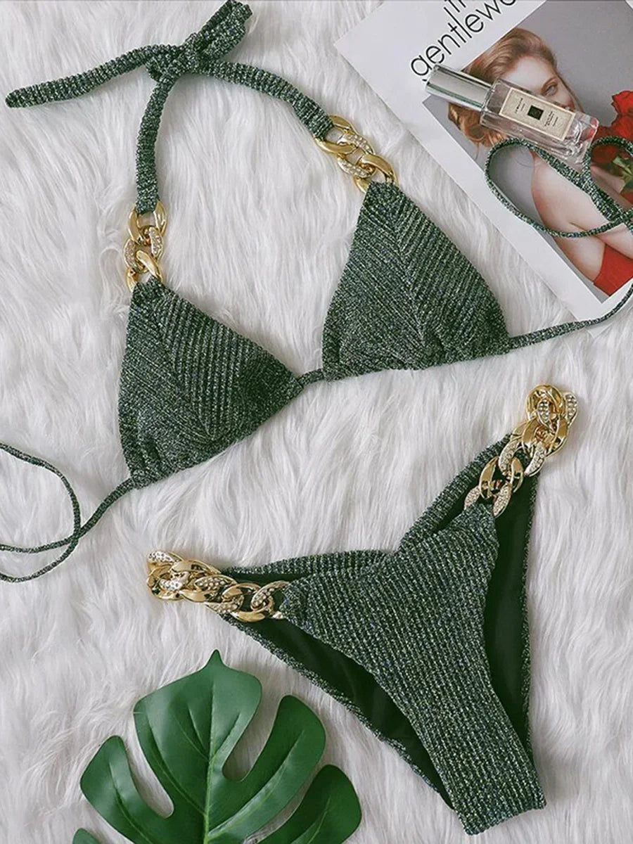 Halter Ribbed Metal Chains Diamond Bikini Women Swimsuit Female Swimwear Two-pieces Bikini Set Bather Bathing Suit Swim Lady