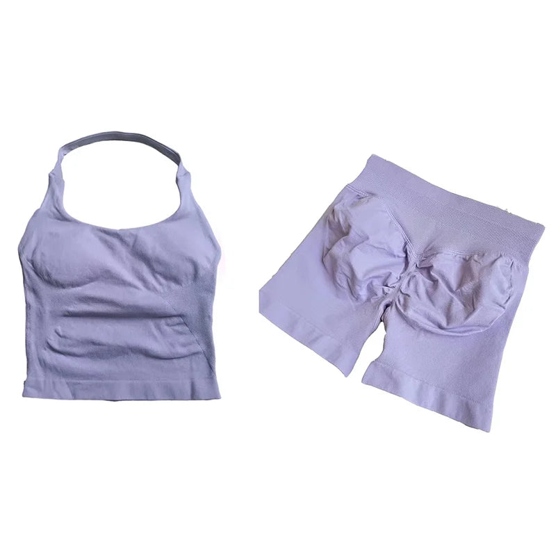 Yoga Sets Women Gym Clothes Longline Strappy Top High Waist Shorts Activewear 2 Piece Set Fitness Suit Running Workout Suits