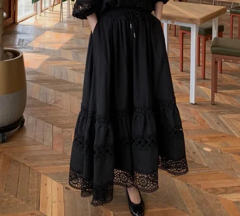 2026 French Retro Heavy Shirt Skirt Hollow Lace Balloon Sleeve Shirt + High Waist Belted Skirt Fashion Suit for Women