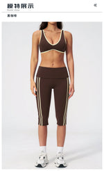 Summer Color Blocked Yoga Sets Women Slim Sports Bra High Waist Pants Fitness Suits Outwear Gym Running Push Up Workout Clothes