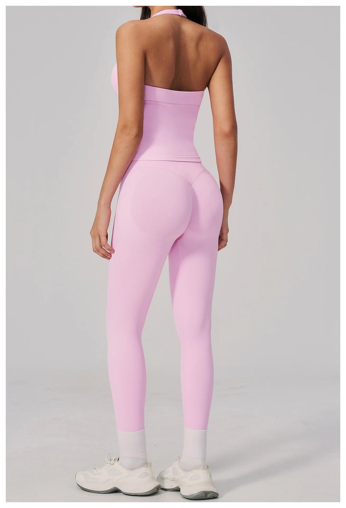 Summer Seamless Yoga Sets Women V Neck Slim Sports Tank Top Fitness Suit Peach Hip High Elasticity Leggings Running Tracksuit