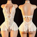 Pink Sexy Lingerie Women Hollow Open BodysuitAdult Apparel Teddy Crotchless Erotic Underwear One Piece V-neck Hot Lace Pajamas