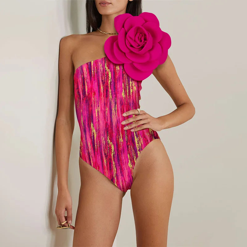 2024 Sexy Sling Ruffle Solid Two Pieces Bikini Women High Waist 3D Flower Swimsuit Skirt Summer Backless Beachwear Bathing Suit