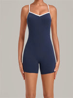 New Tight One-piece Yoga Suit Women Color Contrast Splicing Hollow Back Cross Sports Jumpsuit Outwear Slimming Fitness Bodysuits