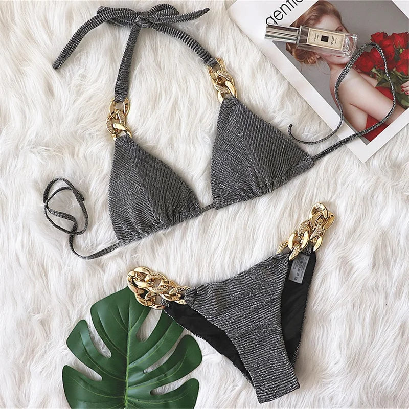 9 Colors Sexy Bikini Women Shining Fabric Golden Rhinestone Chain Swimwear Swimsuit Solid Halter Bikinis Set Bathing Suit Female
