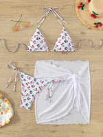 With Mesh Sarong Skirt Cherry Printed Bikini Female Swimsuit Women Swimwear Three Pieces Bikini Set Bathing Suit Swim Beachwear