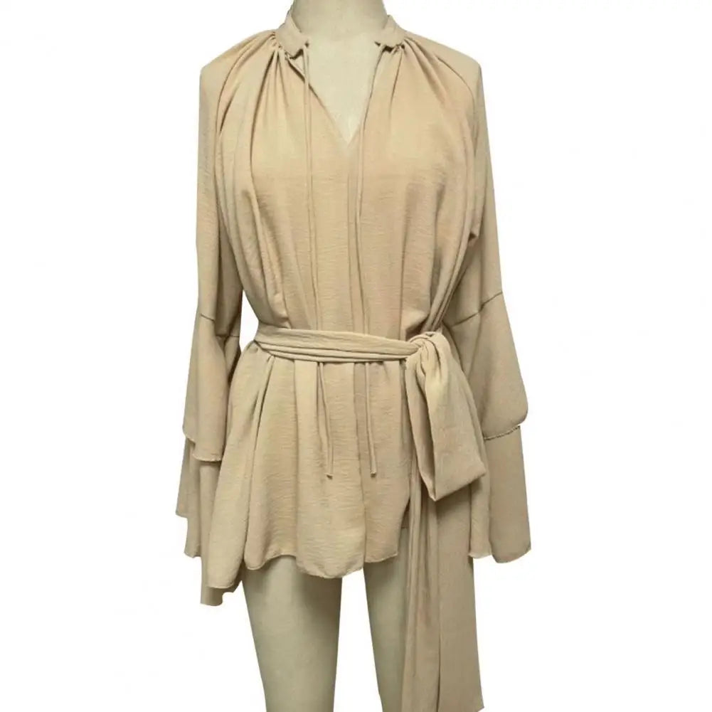 Mini Dress with Belt Summer Ruffle Long Sleeve Dress for Women Casual V Neck A-line Swing Dresses Irregular Vacation Dress