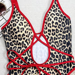 Red Leopard Print Hollow Out Sexy Swimsuit Woman One Piece Swimwear 2026 String Cross Monokini High Cut Bathing Swimming Suit