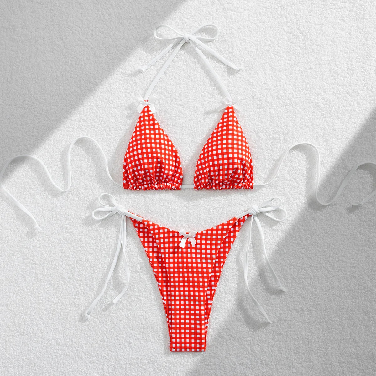 DEKA Brazilian Red Plaid Bikini Set Women Cut Out Swimsuit Print Swimwear High Waist Triangle Micro Two Piece Suit Biuqini Beach