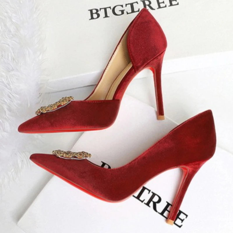 Women 10cm Super High Heels Pointed Toe Side Hollow Work Pumps Metal Crystal Buckle Velvet Stiletto Fashion Banquet Lady Shoes