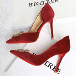 Women 10cm Super High Heels Pointed Toe Side Hollow Work Pumps Metal Crystal Buckle Velvet Stiletto Fashion Banquet Lady Shoes