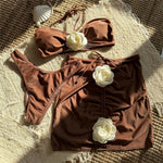 Sexy Black 3D Flower Bandeau Swimwear Skirts Cover Ups Thong 3 Piece Bikini Set 2026 Women Swimsuits Beachwear Bathers Bikinis