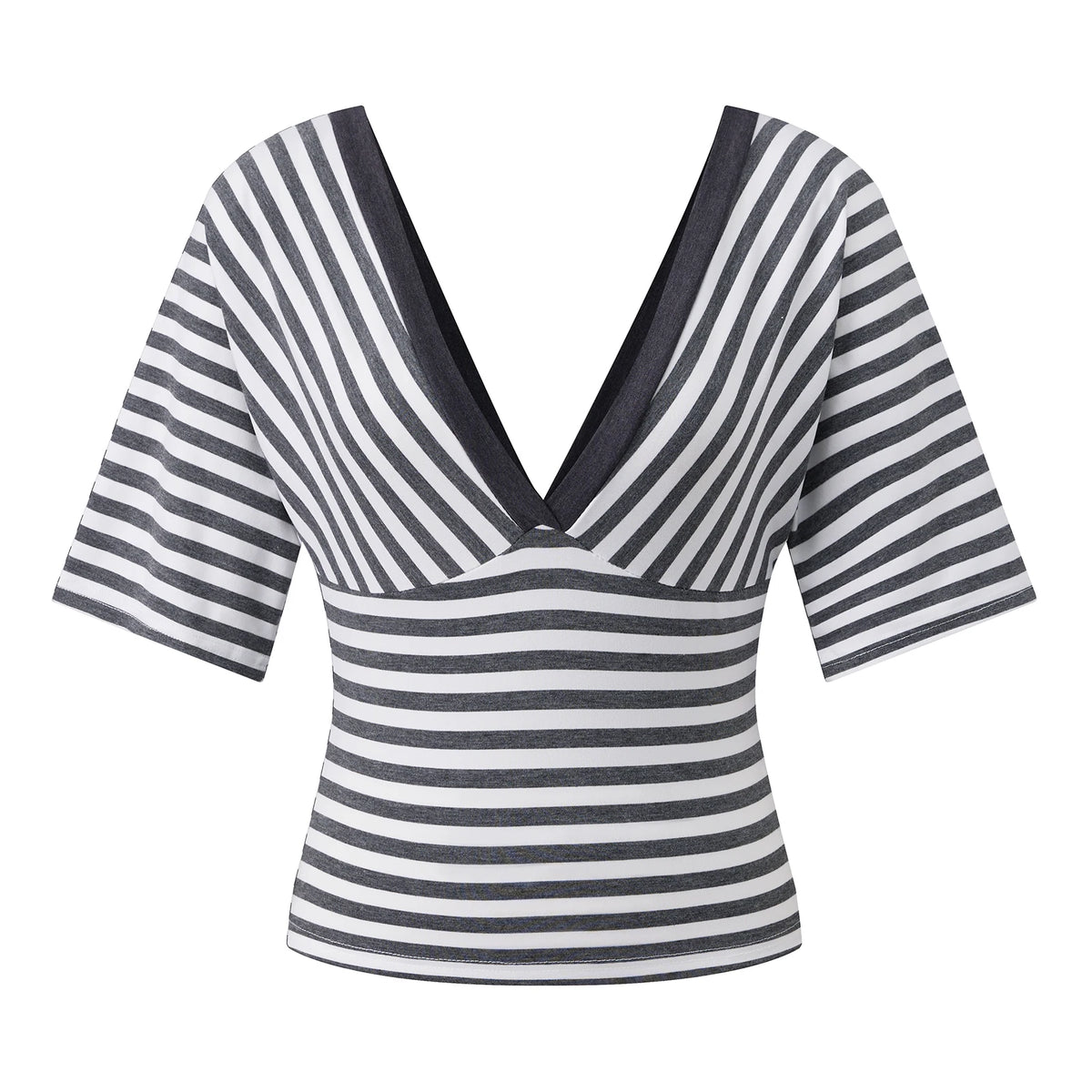 Womens Striped T-shirt Deep V Neck Short Elbow Sleeve Corset Tops 2026 Summer Casual Retro Stylish Shirts