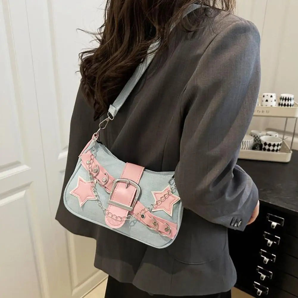 Fashion Women's Handbags Denim Stars Pattern Cool Girls Underarm Bag Female Small Shoulder Hobo Bags Chain Tote Bag