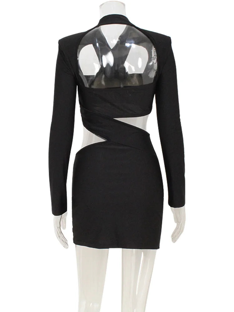 Ahagaga Sexy Club Women's Mini Dresses Solid Hollow Out V-Neck Regular Long Sleeves Sheath Bodycon Slim Fit Streetwear Vestidos