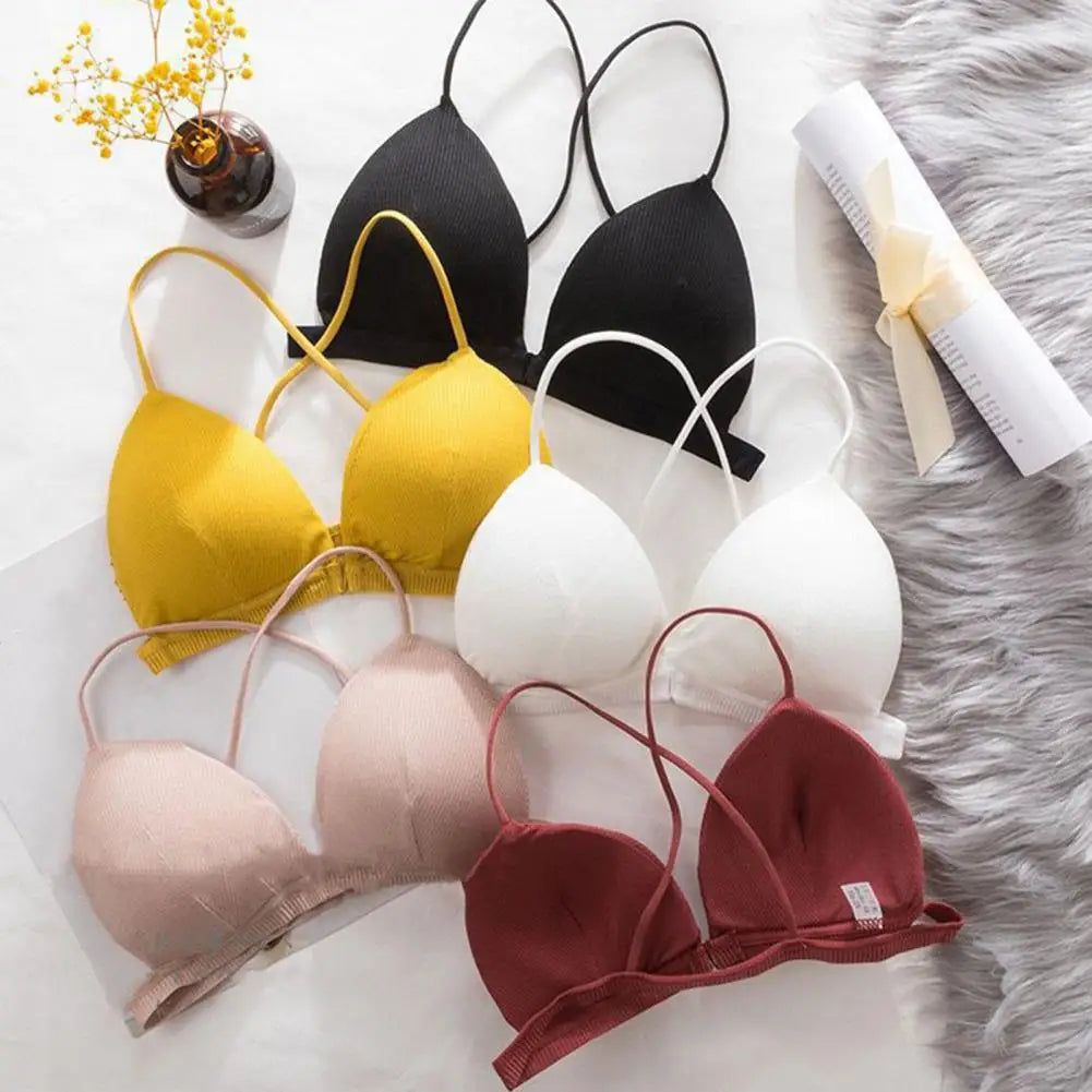 Women Simple Bra Triangle Cup Thin Straps Wrapping Chest Front Buckle Wireless Ribbed Bra Sexy Sports Cross Back Bra