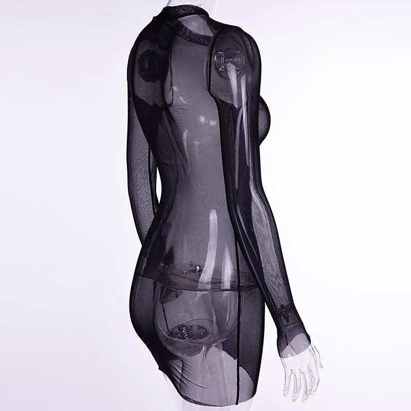 Women Mesh Dress Spring Autumn Sexy Sheer Mesh Long Sleeve Package Hip Sheath Dress Lady Sexy Club Body Wrap Mini Short Vestidos