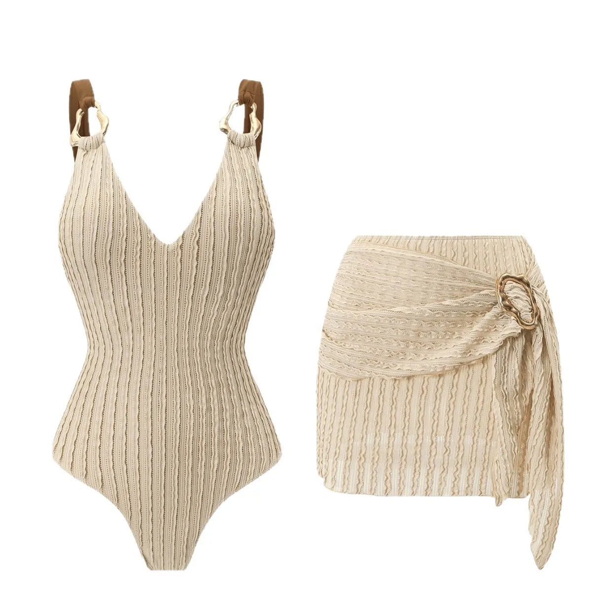 Vintage Beige Ribbed Swimwear Skirt Set Women Metal Buckle Strap V Neck Hollow Out Backless Bathing Suit One Piece Swimsuit 2026