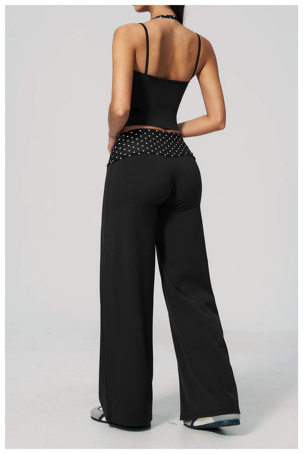 Women's 2 Piece Yoga Set Halter Neck Crop Top Fold Over Waist Wide Legged Flare Trousers Polka Dot Striped Gym Workout Running