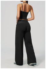 Women's 2 Piece Yoga Set Halter Neck Crop Top Fold Over Waist Wide Legged Flare Trousers Polka Dot Striped Gym Workout Running