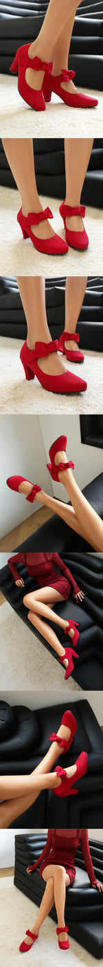 2026 Plus Size 45 Vintage Bowknot Bow Mary Jane Shoes Women 7cm High Heeled Retro Suede Look Brown Lolita Block Heel Pumps